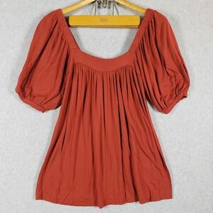 Lush‎ Women's Medium Rust Orange Smocked Puff Sleeve Square Neck Blouse Top